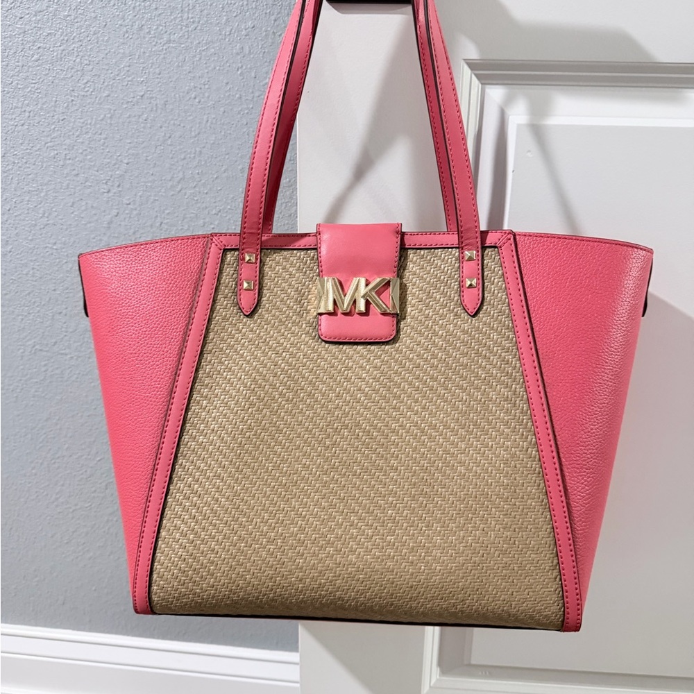 Michael Kors Karlie Large Straw and Grained Leather Tote Bag